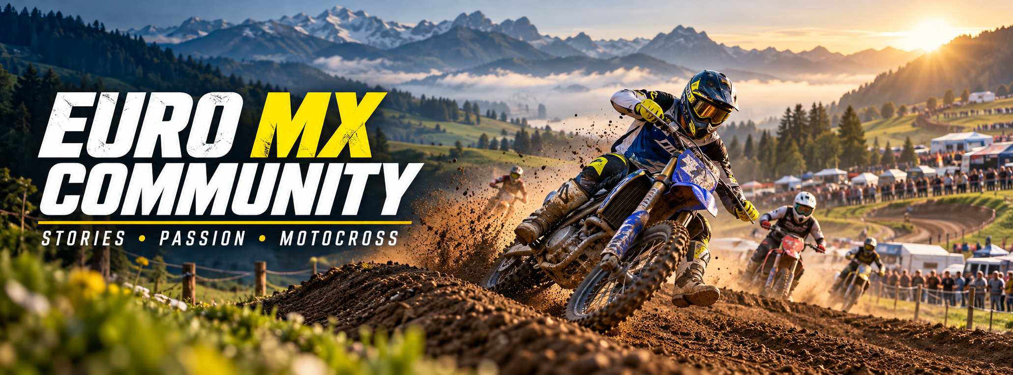 Motocross riders racing in a European mountain landscape